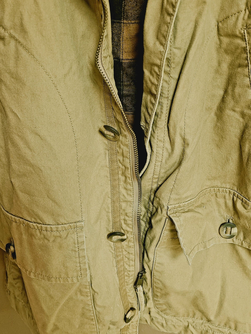 Old Navy Men's Khaki Field Jacket with Dark Brown Collar - Picture 2 of 7